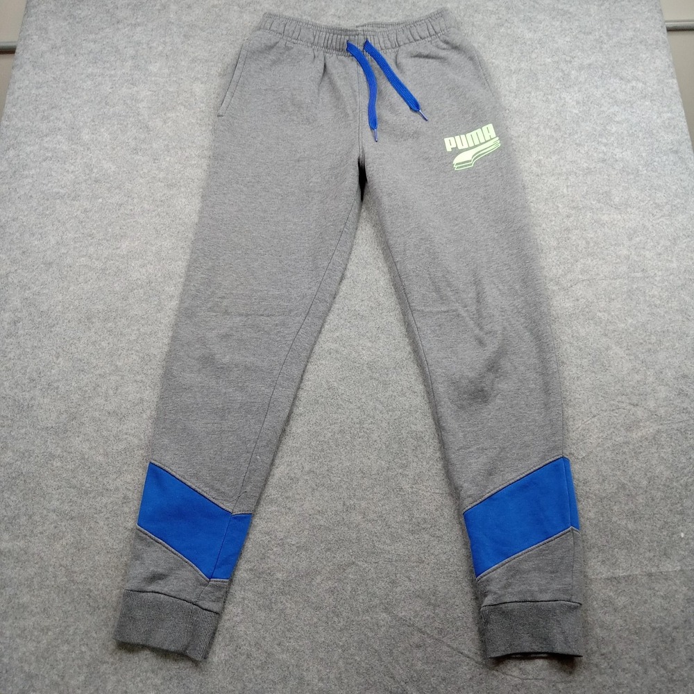 Puma Sweatpants Youth XL 18-20 Gray Jogger Pants Blue Panels Drawstring Pockets